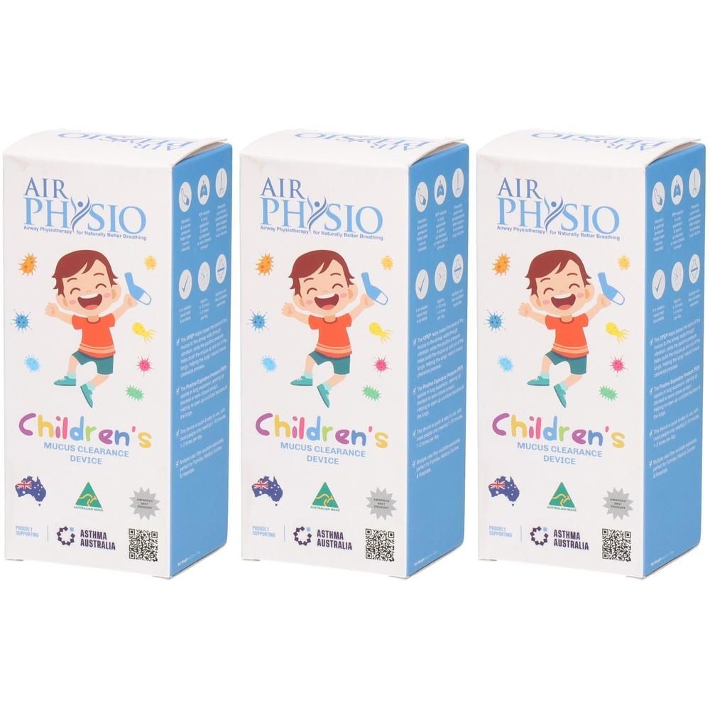 Drei Kartons mit dem Produktnamen AIR PHYSIO. Aufdruck: Kinder, Schleim-Reinigungsgerät. Mit Illustration eines Kindes.