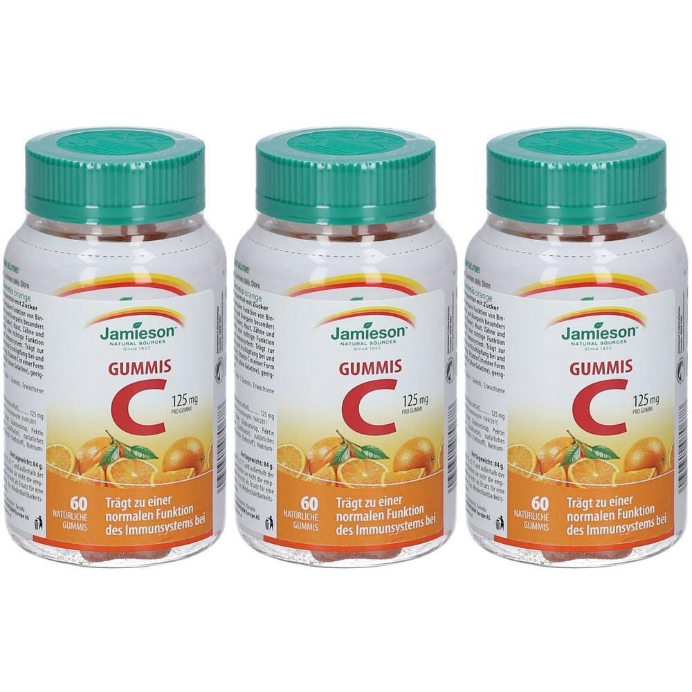 Drei Flaschen Jamieson Gummis C 125 mg. Jede Flasche hat einen grünen Deckel und ein Etikett mit Produktinformationen und Orangen.