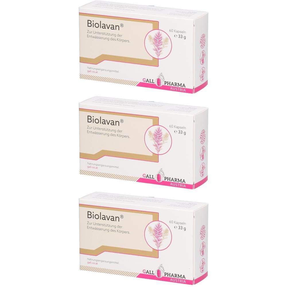 Drei Schachteln Biolavan®. Weiße Verpackung mit Produktnamen, floraler Illustration und Herstellerlogo. Rosa Akzente.