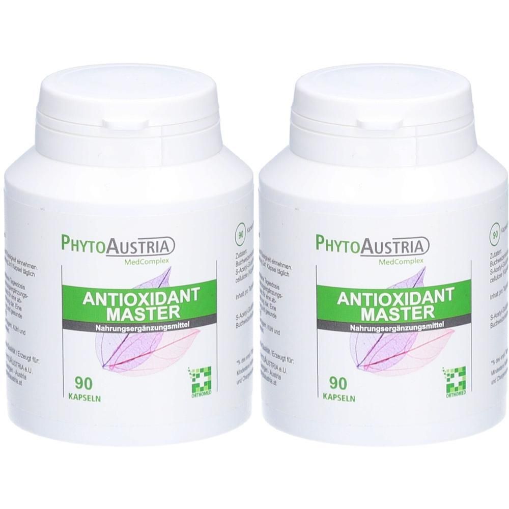 Zwei weiße Flaschen mit Deckel. Aufschrift: PhytoAustria, Antioxidant Master, 90 Kapseln. Grün-weißes Etikett.