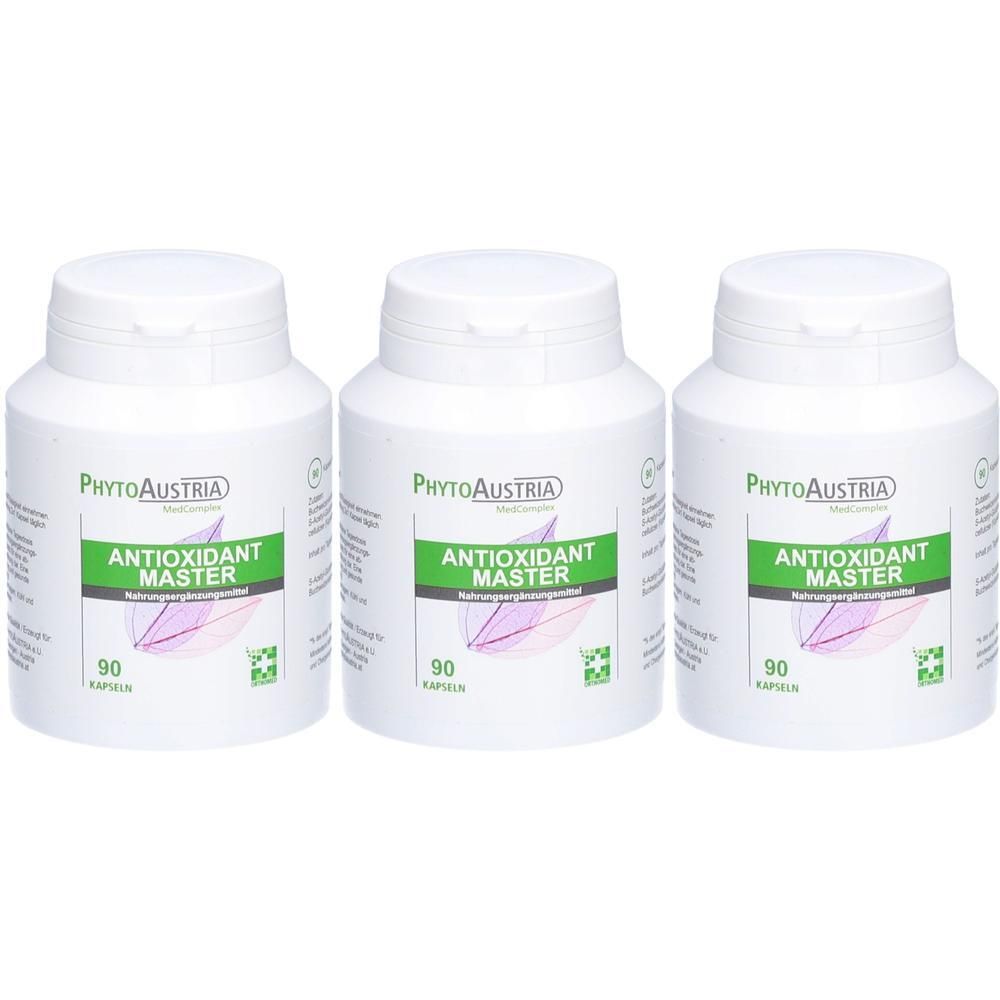Drei weiße Flaschen mit Deckel. Auf jeder Flasche steht "PhytoAustria Antioxidant Master" und "90 Kapseln".