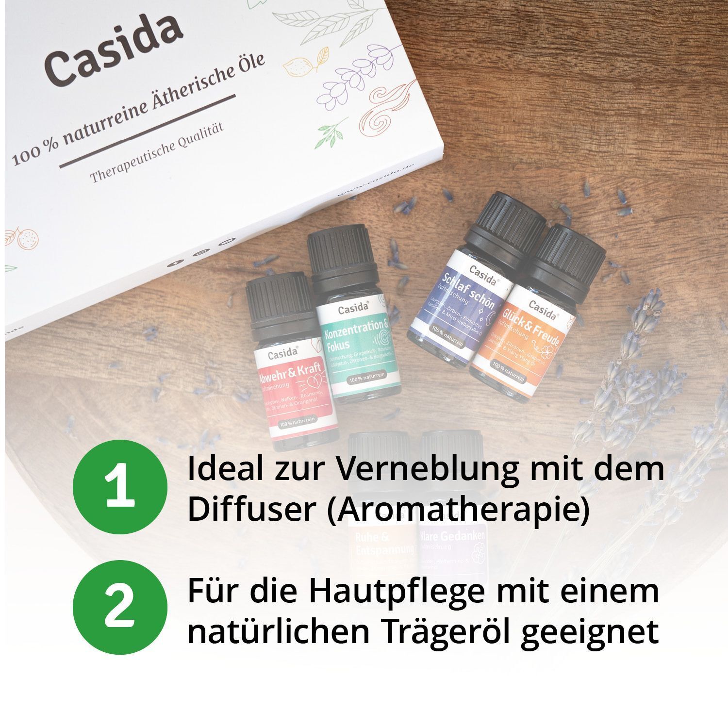 Drei kleine Flaschen Casida® ätherische Öle neben einer Schachtel. Text: Ideal zur Vernebelung mit dem Diffuser. Für die Hautpflege mit Trägeröl geeignet.