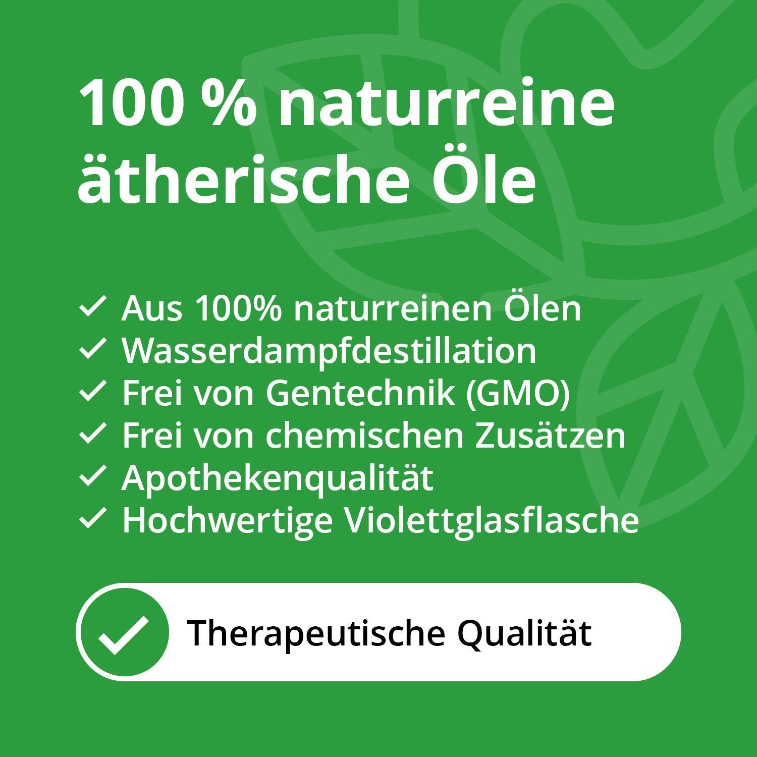 Grüner Hintergrund mit Text: 100% naturreine ätherische Öle. Aufzählungspunkte: Aus 100% naturreinen Ölen, Apothekenqualität, therapeutische Qualität.