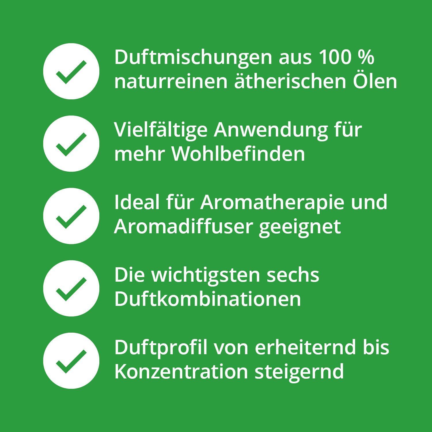 Grüner Hintergrund mit Text: Duftmischungen aus 100% naturreinen ätherischen Ölen. Ideal für Aromatherapie. Sechs Duftkombinationen.
