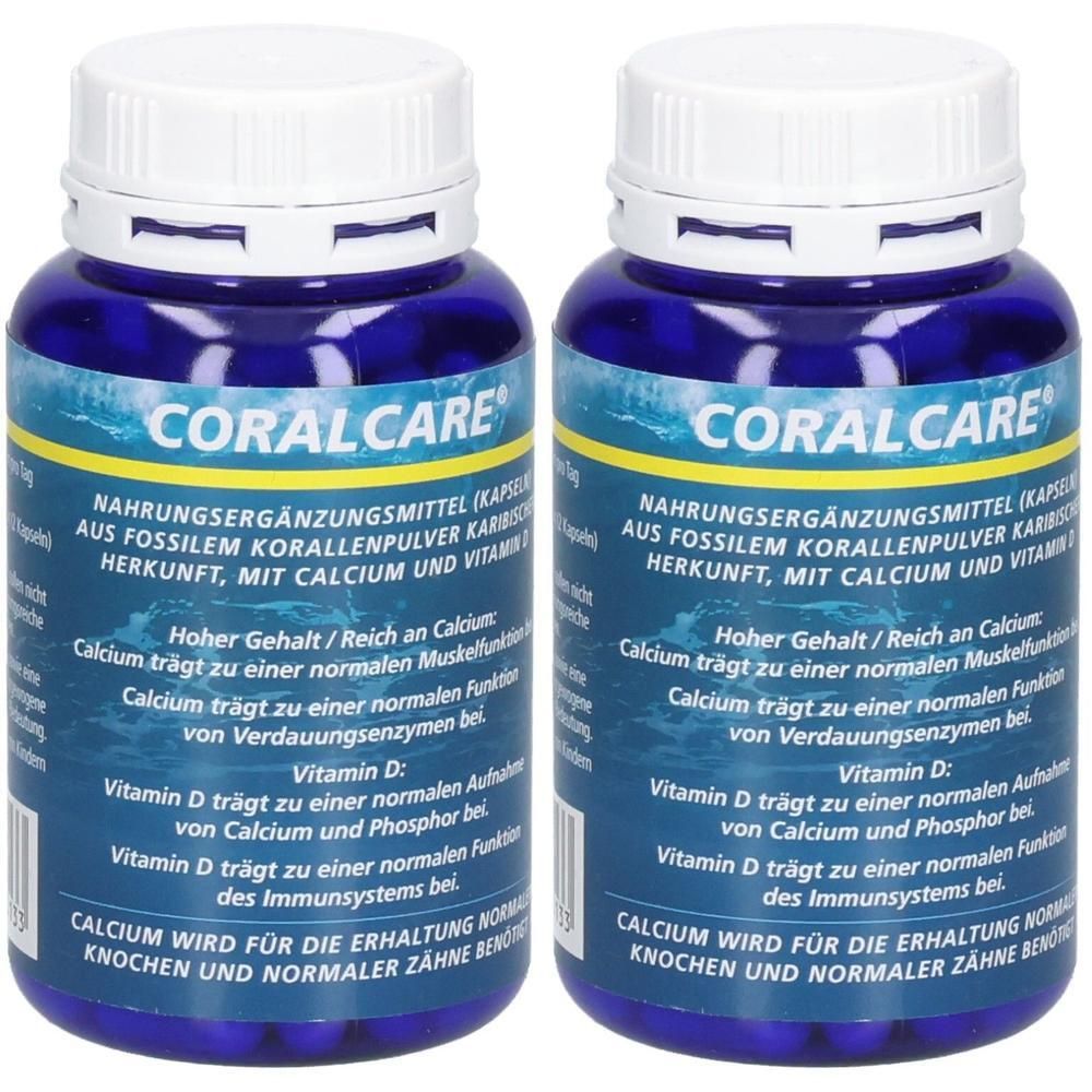 Zwei blaue Flaschen mit weißen Deckeln. Aufschrift: CORALCARE. Nahrungsergänzungsmittel mit Calcium und Vitamin D3. Text in deutscher Sprache.