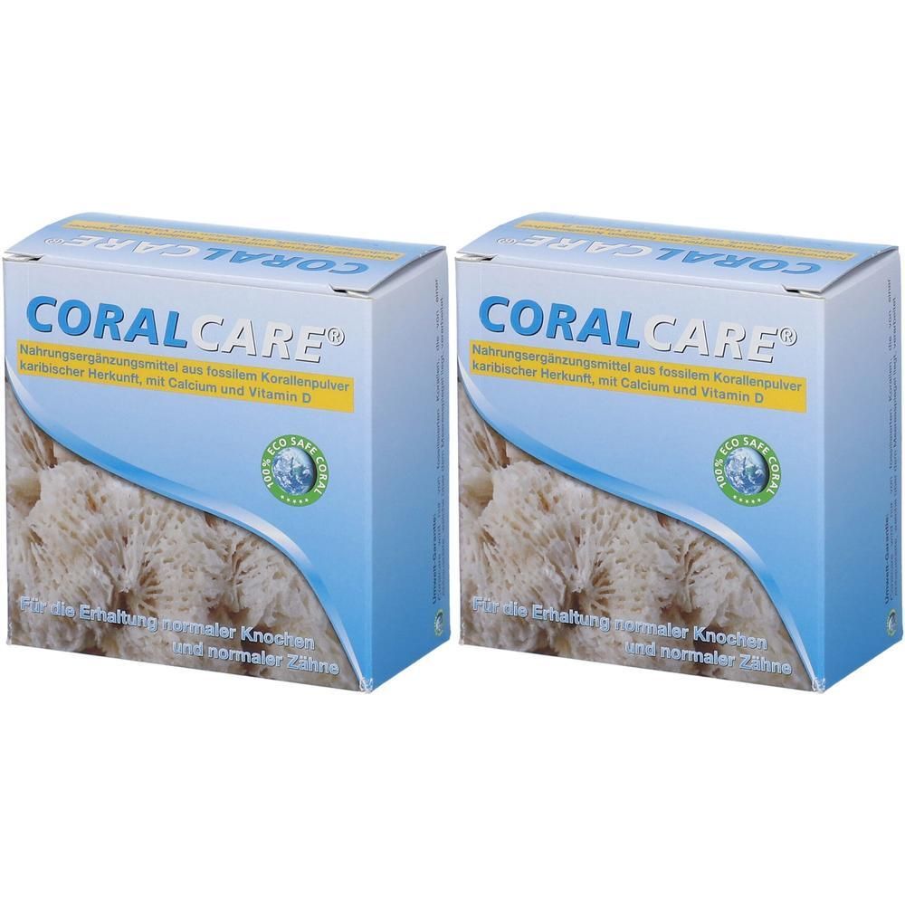 Zwei Kartons mit der Aufschrift "CORAL CARE". Blaue und weiße Verpackung mit Produktinformationen und einem Logo. Aufschrift: Nahrungsergänzungsmittel.