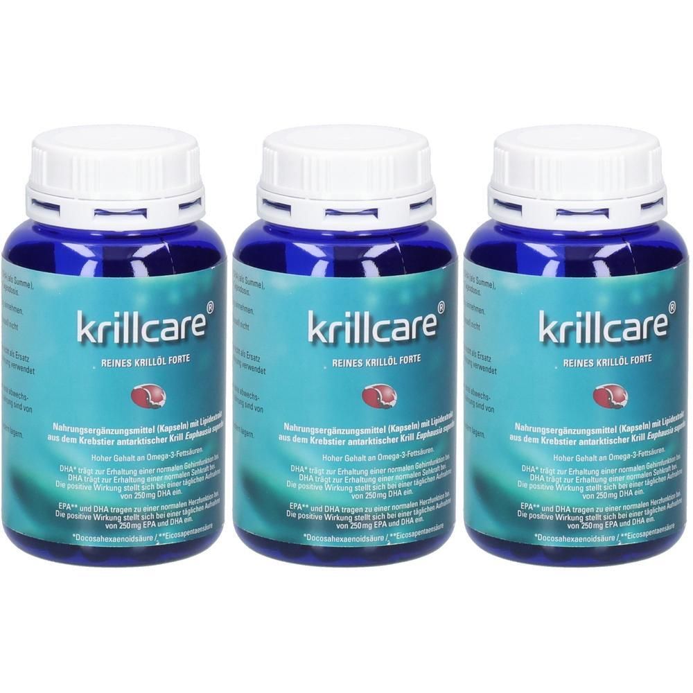 Drei blaue Flaschen mit weißen Deckeln. Aufschrift: krillcare reines Krillöl forte. Rotes Krill-Symbol.
