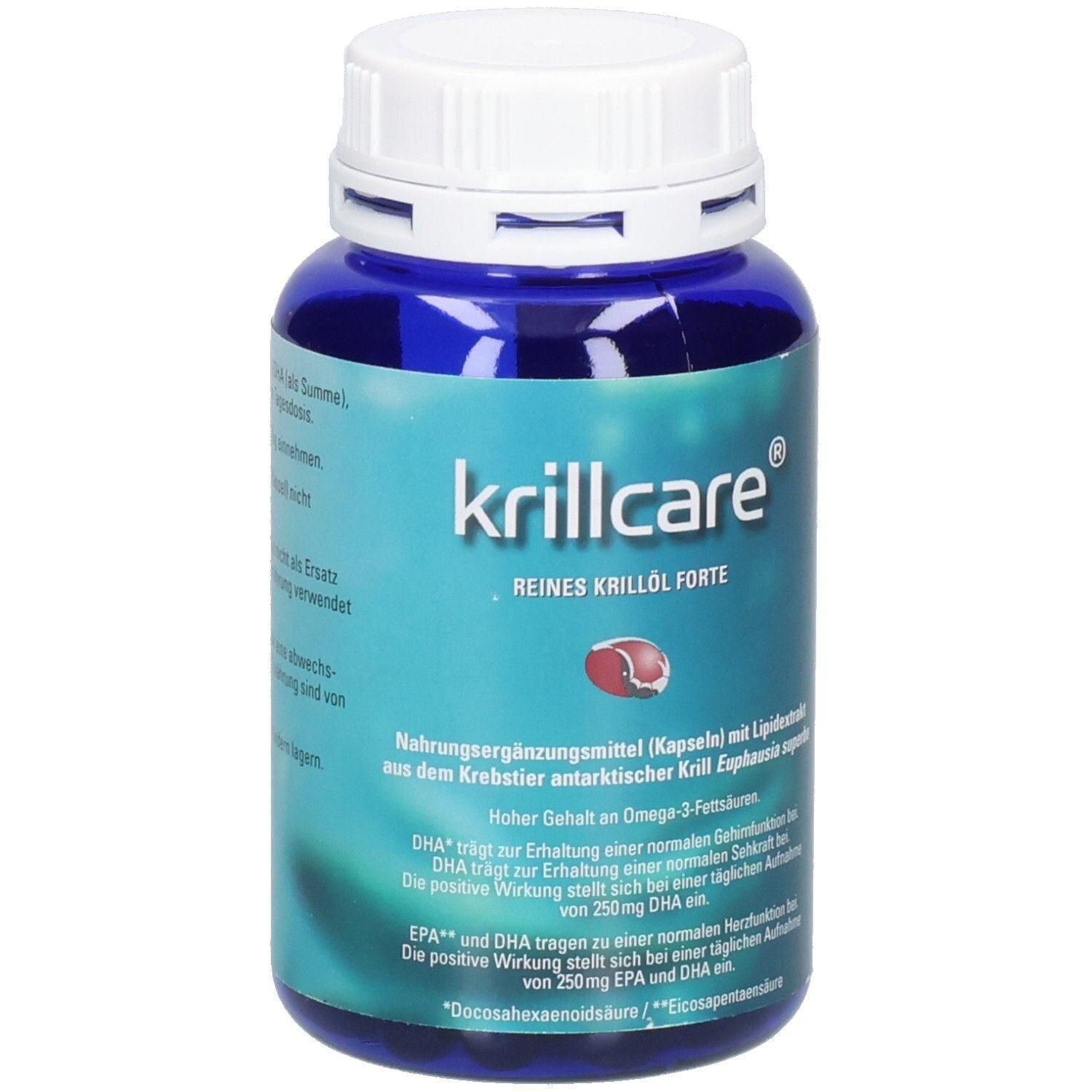 Blaue Flasche mit weißem Deckel. Aufschrift: krillcare, REINES KRILLÖL FORTE. Nahrungsergänzungsmittel.