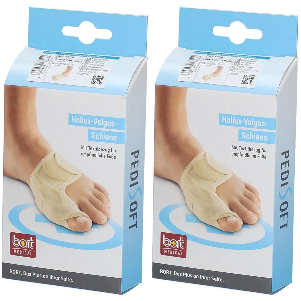 Zwei Packungen Bort PediSoft Hallux-Valgus-Schiene. Beige Schiene am Fuß, auf Verpackung abgebildet. Text: Hallux-Valgus-Schiene, PediSoft, Bort Medical.