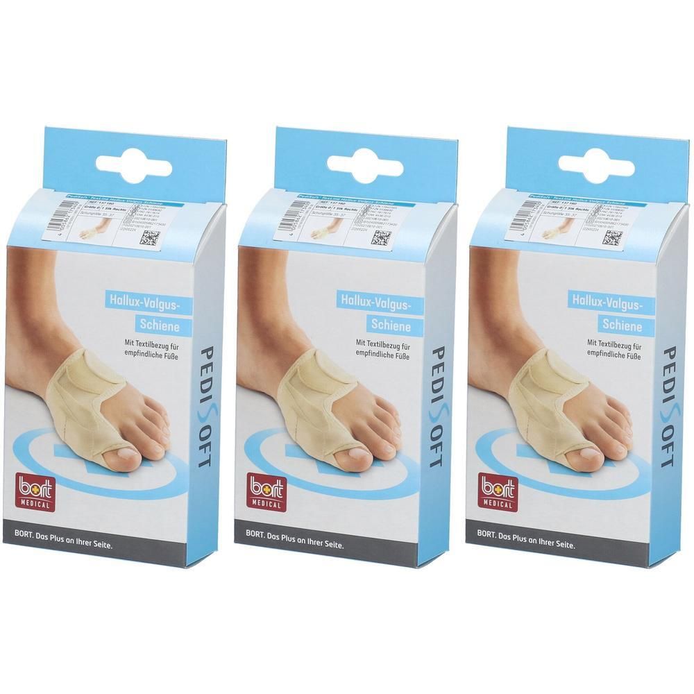 Drei Verpackungen mit Fußorthesen. Auf jeder Packung ist ein Fuß mit Orthese abgebildet. Text: Hallux-Valgus-Schiene, PediSoft, Bort Medical.