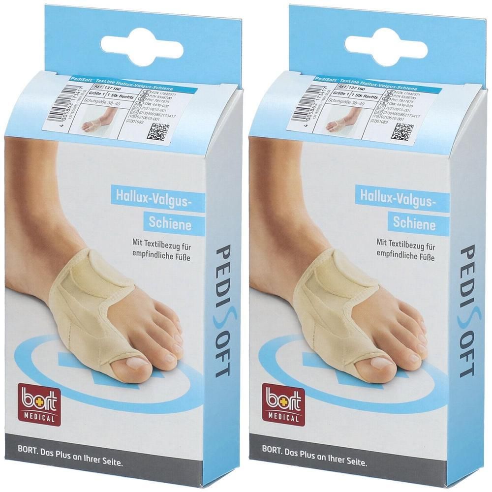 Zwei Verpackungen mit Hallux-Valgus-Schiene. Aufdruck: PediSoft, Bort Medical. Produktabbildung am Fuß. Text: Mit Textilbezug für empfindliche Füße.