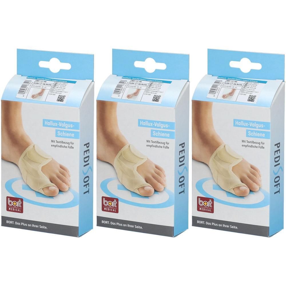 Drei Verpackungen der Bort PediSoft Hallux-Valgus-Schiene. Beige Schiene am Fuß abgebildet. Text: PediSoft, Hallux-Valgus-Schiene.