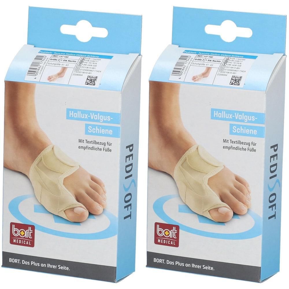 Zwei Packungen BORT PEDIS TEX Hallux-Valgus-Schiene. Beige Bandage am Fuß, auf Verpackung abgebildet. PEDI SOFT Schriftzug.