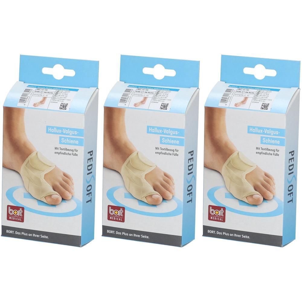 Drei Packungen BORT PEDIS SOFT Hallux-Valgus-Schiene. Beige Schiene am Fuß abgebildet. Blaue Verpackung mit Produktnamen.
