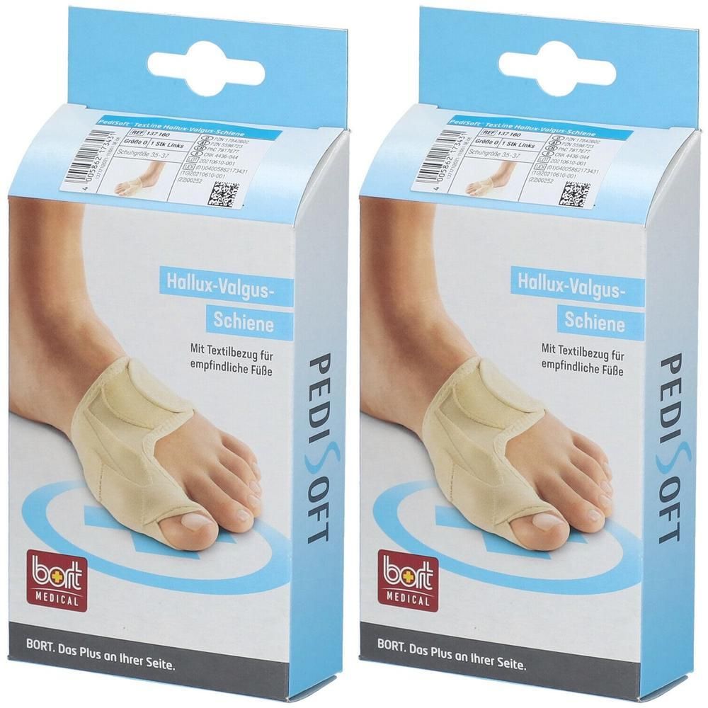 Zwei Schachteln mit Hallux-Valgus-Schiene. Auf jeder Schachtel ist ein Fuß mit der Schiene abgebildet. Text: PediSoft, Bort Medical.