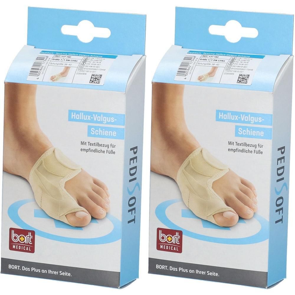 Zwei Packungen Bort PediSoft Hallux-Valgus-Schiene. Beige Schiene am Fuß gezeigt. Text: Hallux-Valgus-Schiene, PediSoft, Bort Medical.