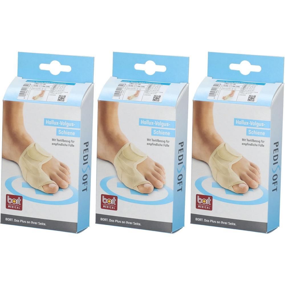 Drei Verpackungen der Bort PediSoft Hallux-Valgus-Schiene. Jede Packung zeigt ein Fußmodell mit Schiene. Blaue und weiße Verpackung.