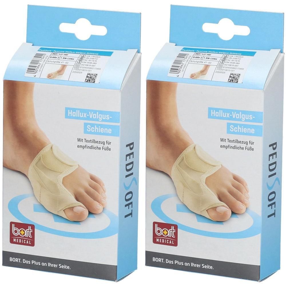 Zwei Packungen Hallux-Valgus-Schiene. Aufdruck: PediSoft, Bort Medical. Produktabbildung am Fuß. Text: Mit Textilbezug für empfindliche Füße.