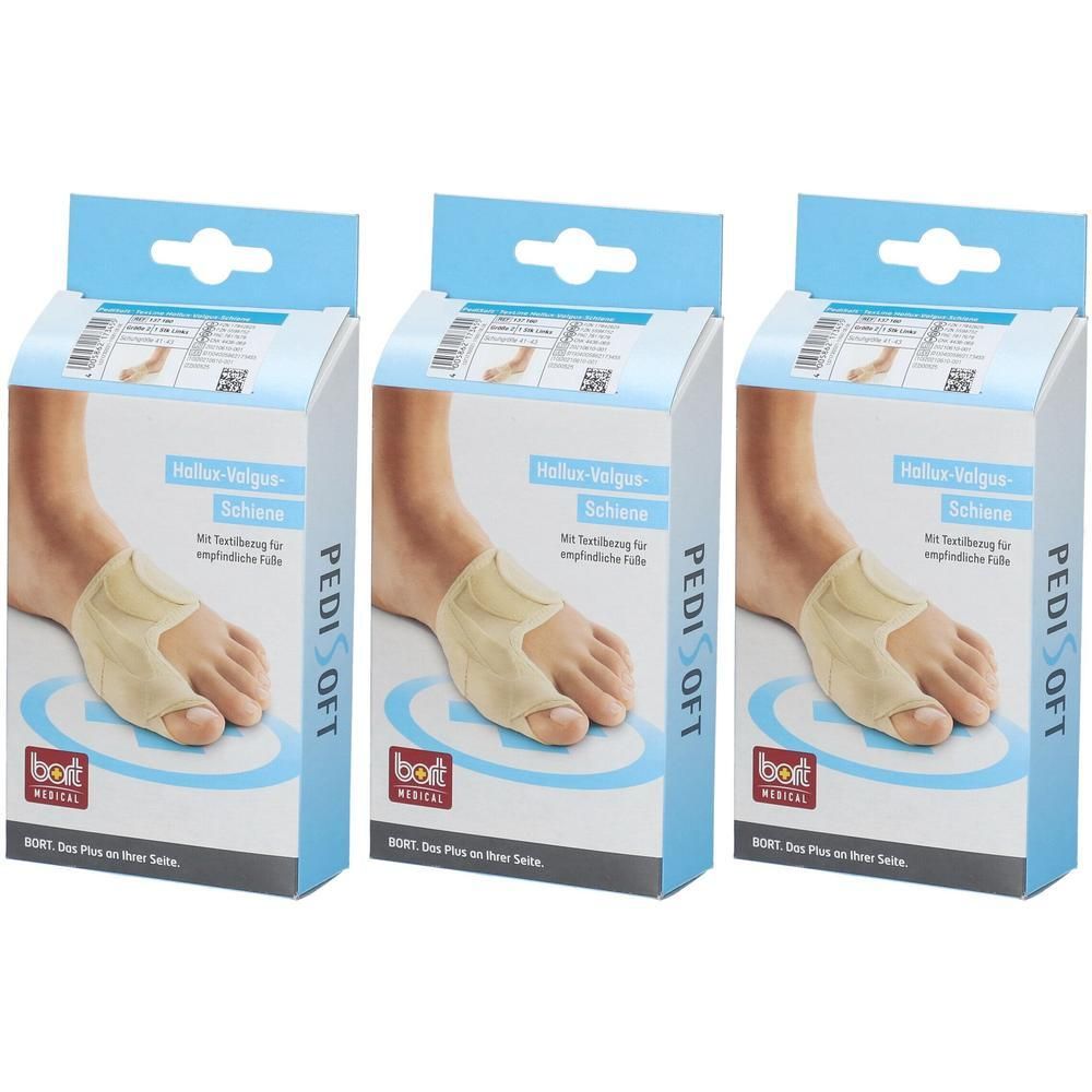 Drei Schachteln mit Hallux-Valgus-Schiene. Produktname: PediSoft. Marke: bort medical. Verpackung mit Produktabbildung.