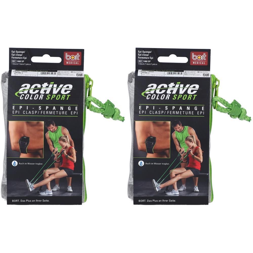 Zwei Packungen Bort ActiveColor Sport Epi-Spange. Schwarze Bandage mit grünem Reißverschluss und Kordel. Aufdruck: active COLOR SPORT, EPI SPANGE.