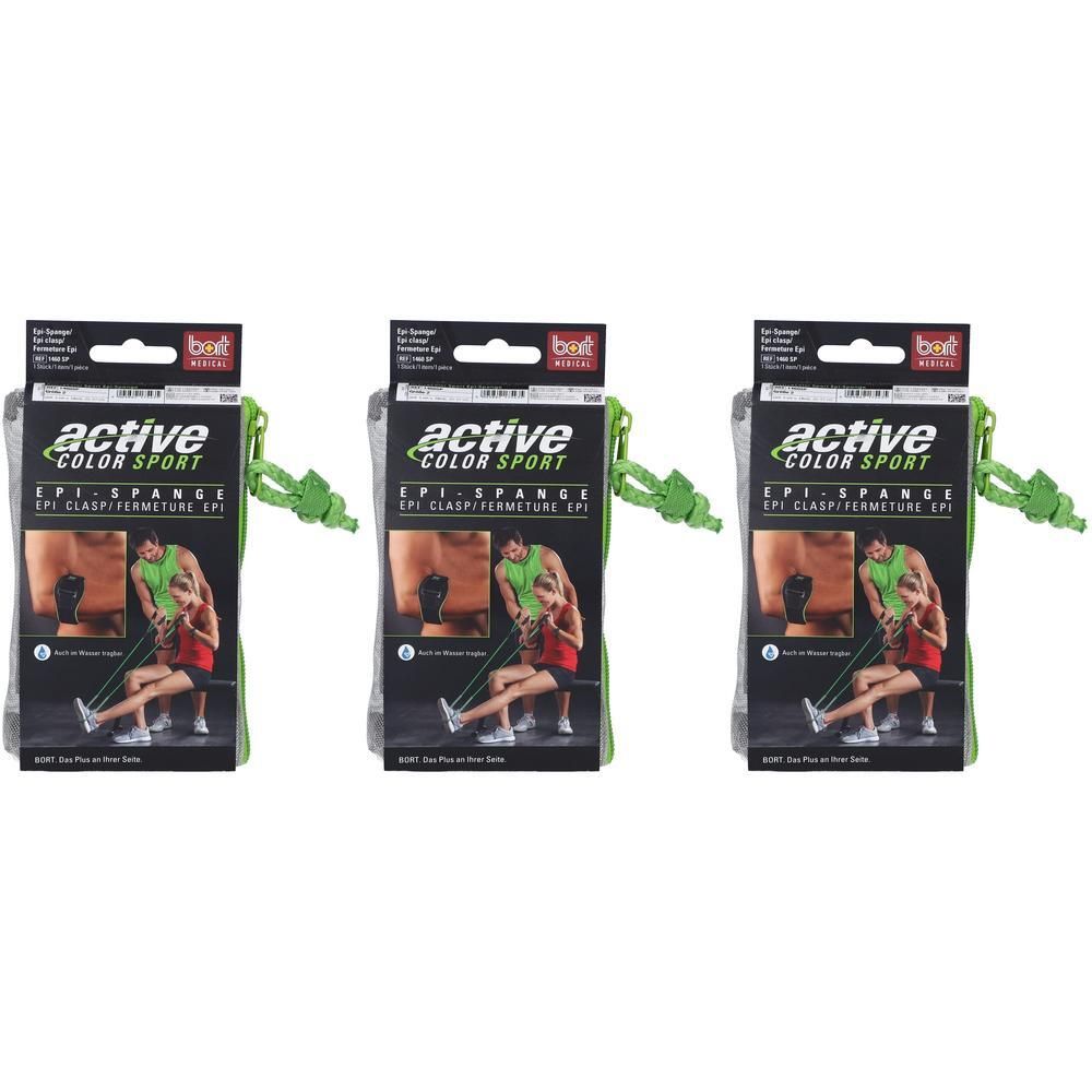 Drei Packungen Bort ActiveColor Sport Epi-Spange. Jede Packung zeigt ein Produktbild und den Schriftzug "active COLOR SPORT".
