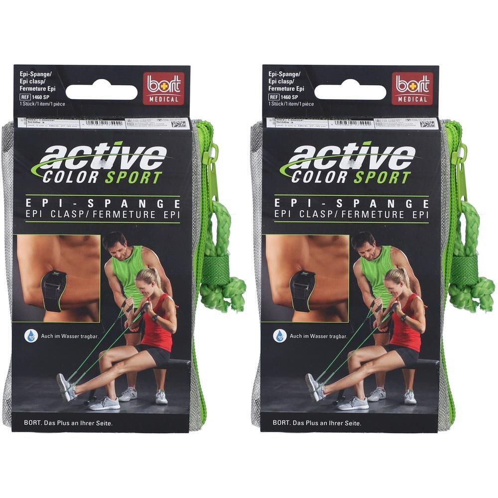 Zwei Packungen Bort ActiveColor Sport Epi-Spange. Schwarze Verpackung mit grünem Reißverschluss. Produktabbildung und Text: EPI-SPANGE.