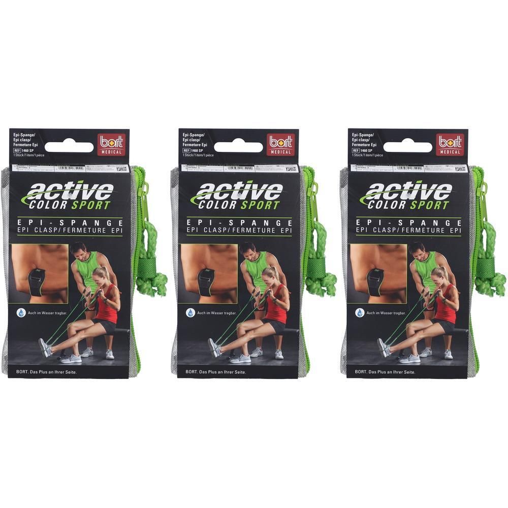 Drei Packungen mit Sport-Epi-Spange. Schwarze Verpackung mit Produktabbildung und grünen Details. Text: active COLOR SPORT, EPI-SPANGE.