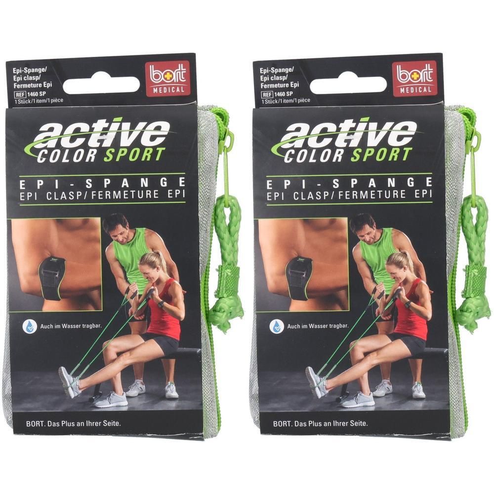 Zwei Packungen BORT EPI-SPANGE. Schwarze Spange, grüne Kordel. Aufschrift: active COLOR SPORT, EPI SPANGE, BORT MEDICAL.