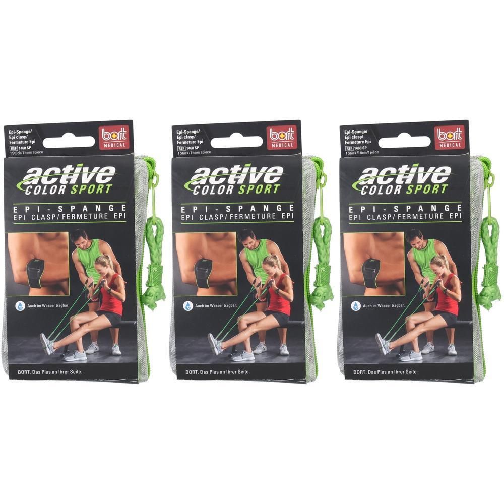 Drei BORT ACT EPI-SPANGE SP GR.4. Grau-grüne Verpackung mit Produktabbildung. Grüne Schlaufen. Text: active COLOR SPORT, EPI SPANGE.