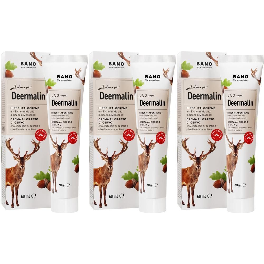 Mehrere Tuben Hirschtalgcreme mit Produktnamen und Abbildung eines Hirsches. 60 ml. Aufdruck mit Qualitätssiegel.