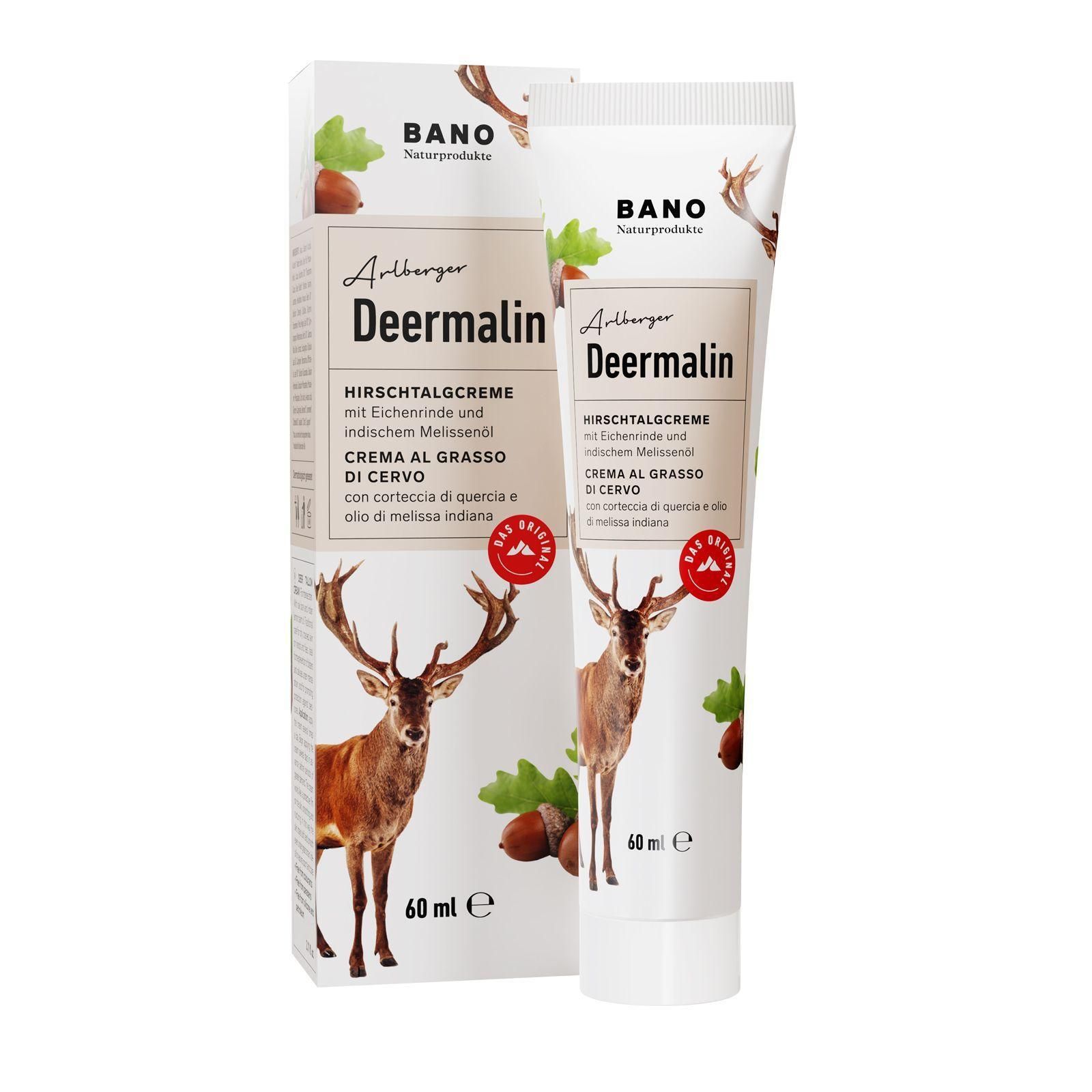 Creme-Tube und Schachtel. Aufschrift: BANO Deermalin Hirschtalgcreme. Abbildung eines Hirsches. 60 ml.