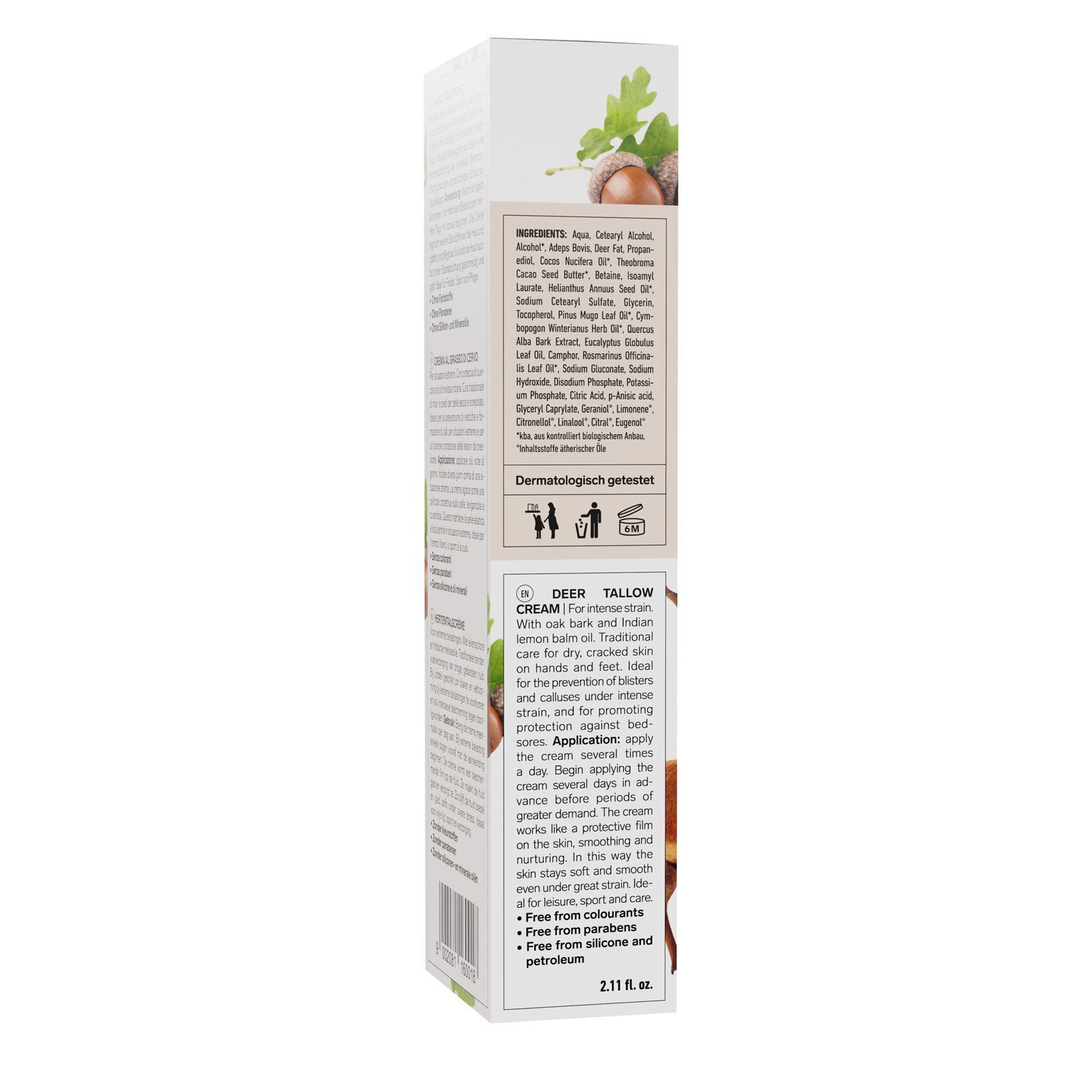 Schachtel mit Text. Aufschrift: Deermalin Hirschtalgcreme. Inhaltsstoffe und Anwendungshinweise. Dermatologisch getestet.