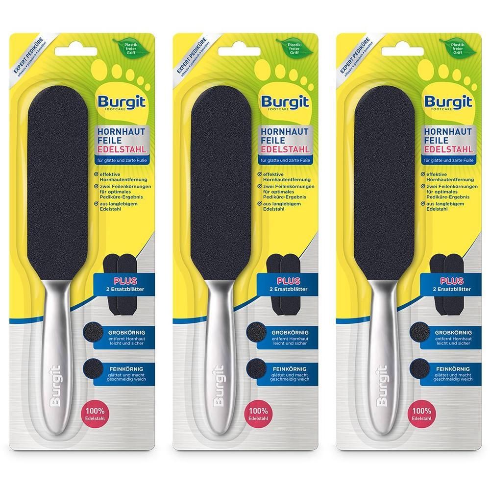 Drei Hornhautfeilen in Verpackung. Schwarze Reibefläche, silberner Griff. Aufschrift: Burgit, Hornhaut Feile Edelstahl, Plus.