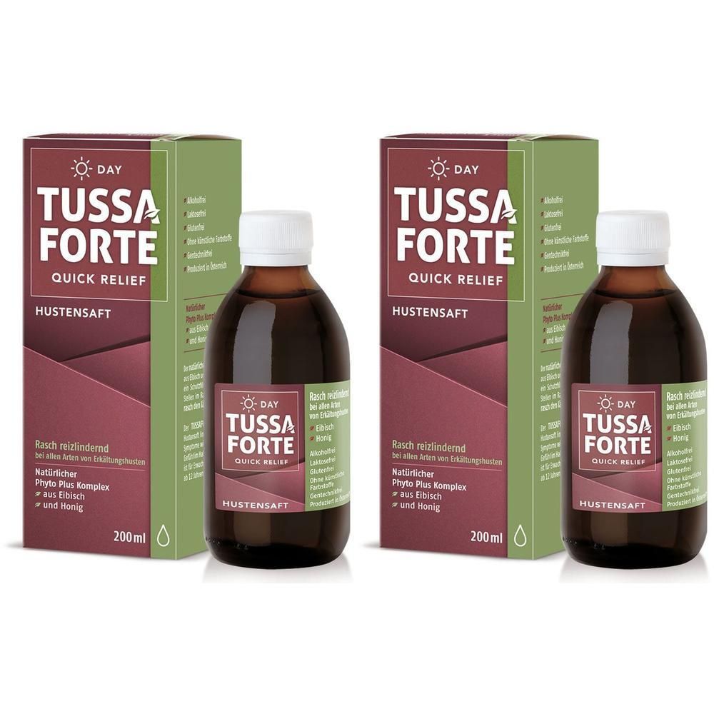 Zwei Flaschen und zwei Kartons TUSSAFORTE DAY Hustensaft. Braune Flaschen, weiße Deckel. Grüne und rote Verpackung mit Produktnamen.