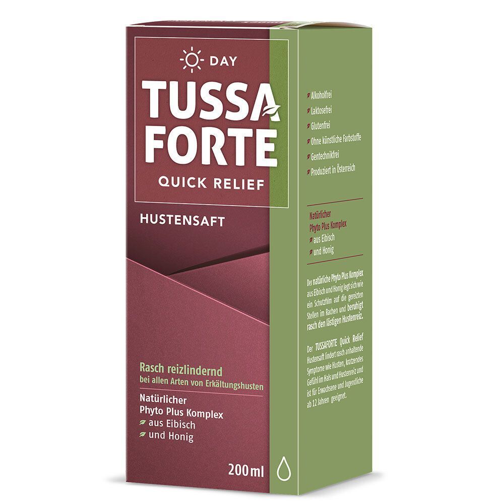 TUSSAFORTE DAY Hustensaft-Verpackung. Grün-rote Schachtel mit Produktnamen und Inhaltsangaben. 200ml Flasche.