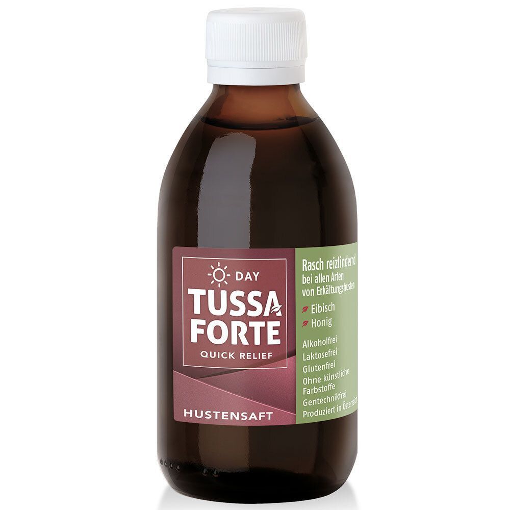 Braune Flasche TUSSAFORTE DAY Hustensaft mit weißem Deckel. Etikett mit Produktnamen und Inhaltsangaben. 200ml.
