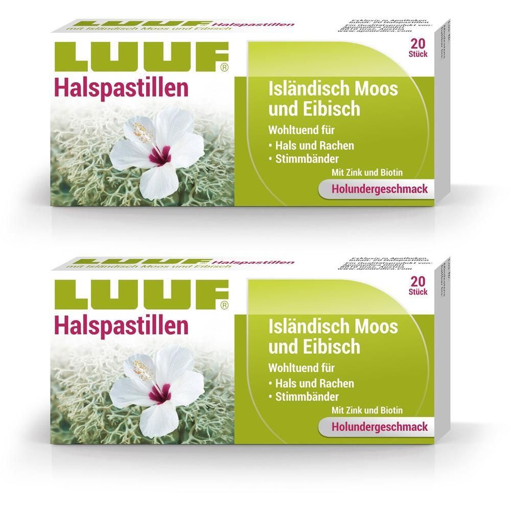 Verpackung mit Halspastillen. Aufschrift: LUUF Halspastillen, Isländisch Moos und Eibisch. 20 Stück. Mit Holundergeschmack.
