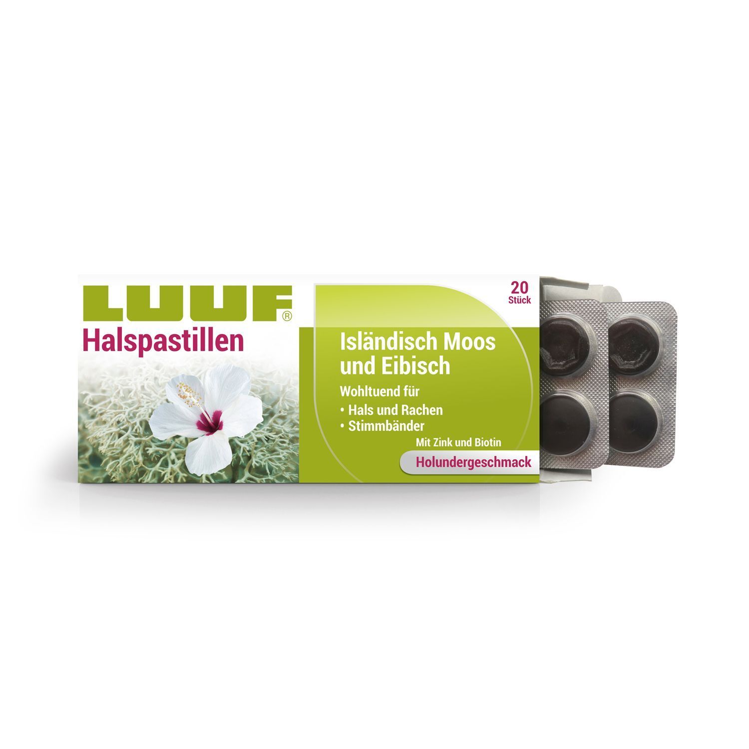 Verpackung mit Halspastillen und Blister. Aufschrift: LUUF Halspastillen, Isländisch Moos und Eibisch. 20 Stück. Mit Holundergeschmack.