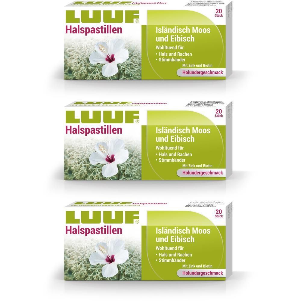 Drei Schachteln LUUF Halspastillen. Aufdruck: Isländisch Moos und Eibisch, 20 Stück. Abbildung einer Blüte.