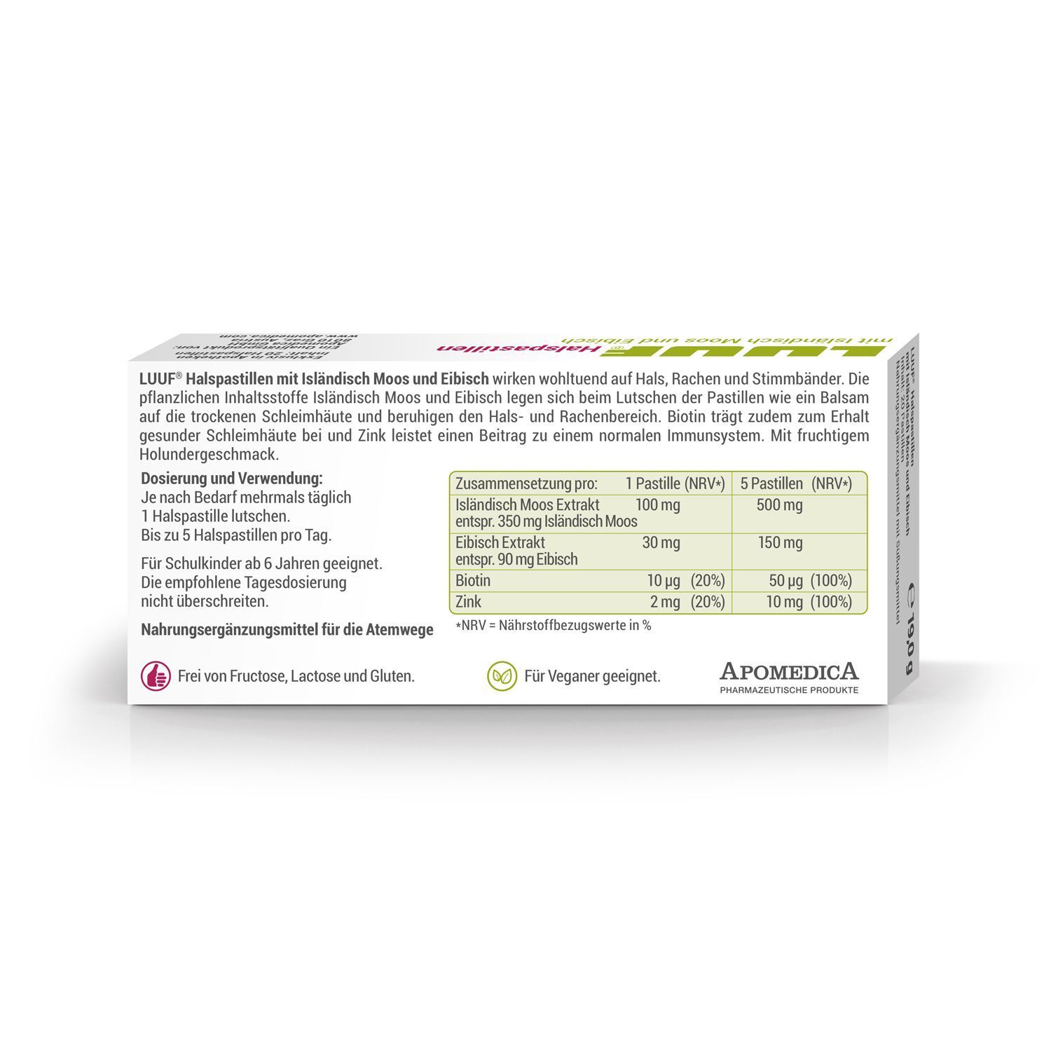 Rückseite der Schachtel LUUF Halspastillen. Text: Inhaltsstoffe, Dosierung, vegan, glutenfrei, laktosefrei.