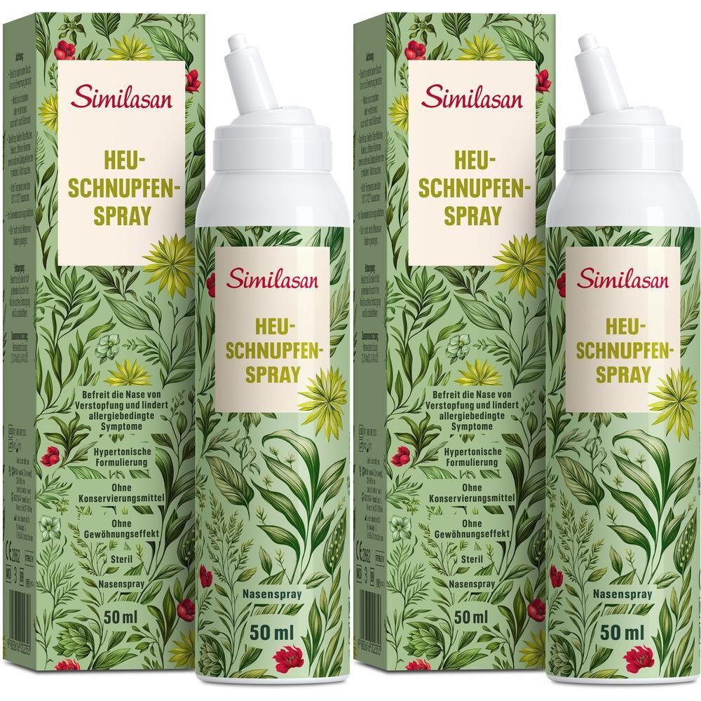 Zwei Sprays und Verpackungen. Aufschrift: Similasan Heuschnupfen Spray. Grüne Verpackung mit floralem Muster. Nasenspray.