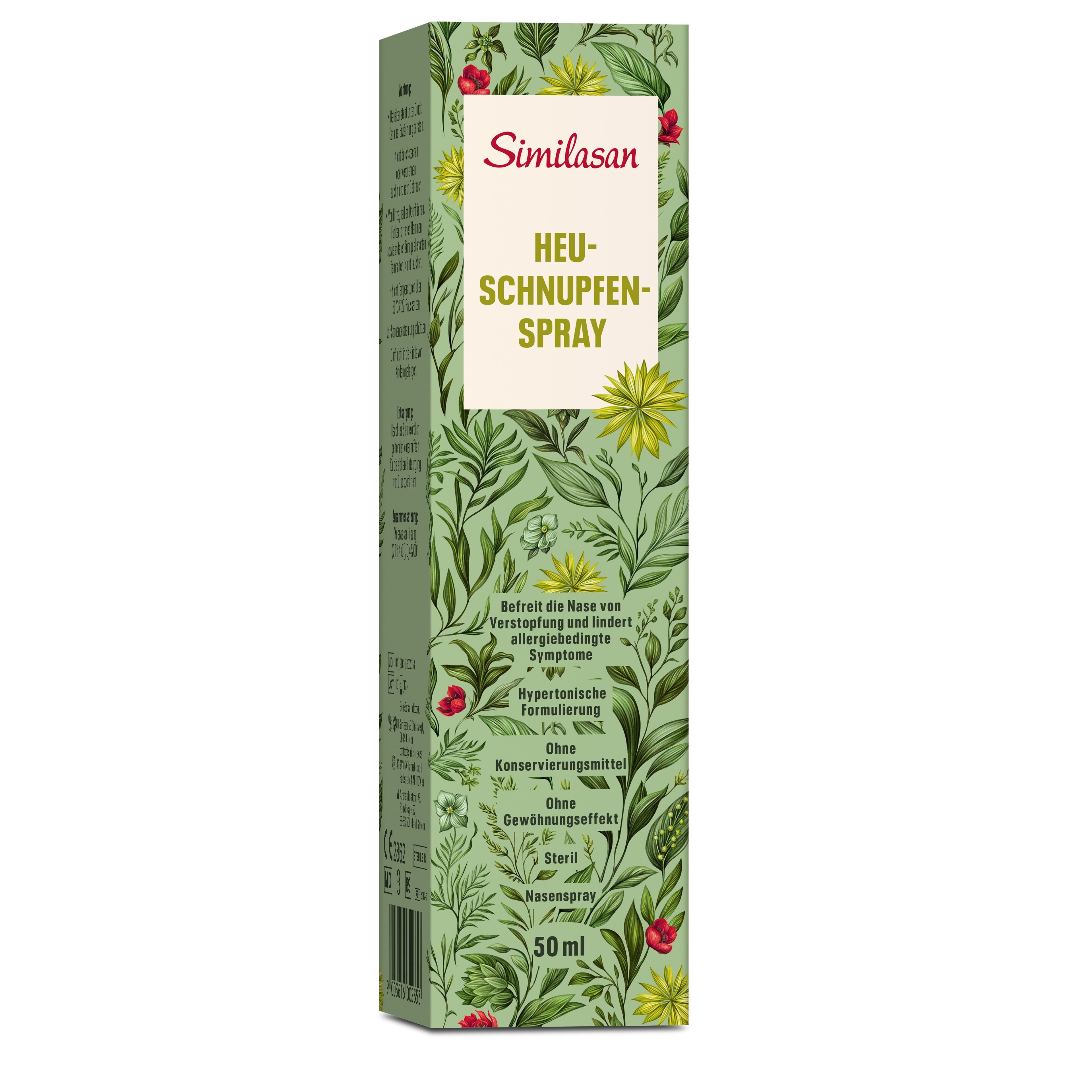 Verpackung von Heuschnupfen Spray. Grüne Verpackung mit floralem Muster. Aufschrift: Similasan Heuschnupfen Spray. Nasenspray.