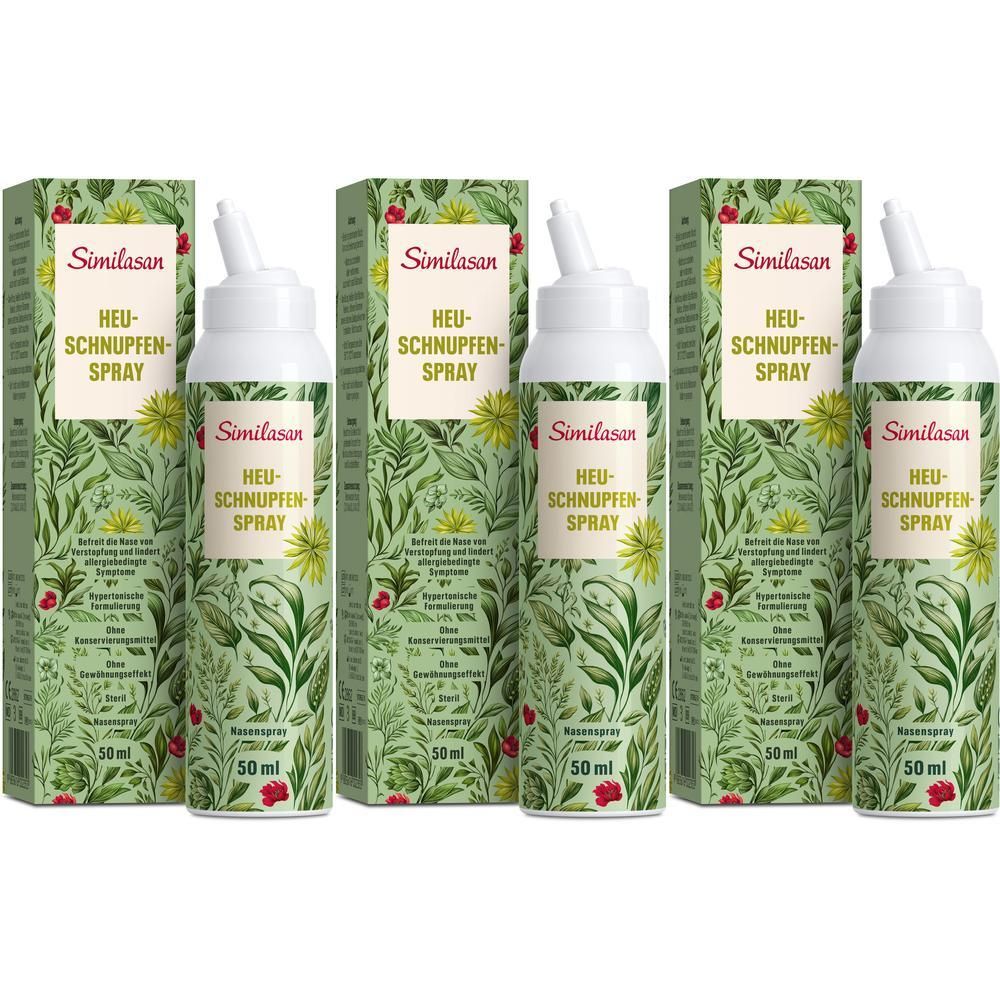 Drei Sprays und Verpackungen. Aufschrift: Similasan Heuschnupfen Spray. Grün-weißes Design mit floralen Elementen.