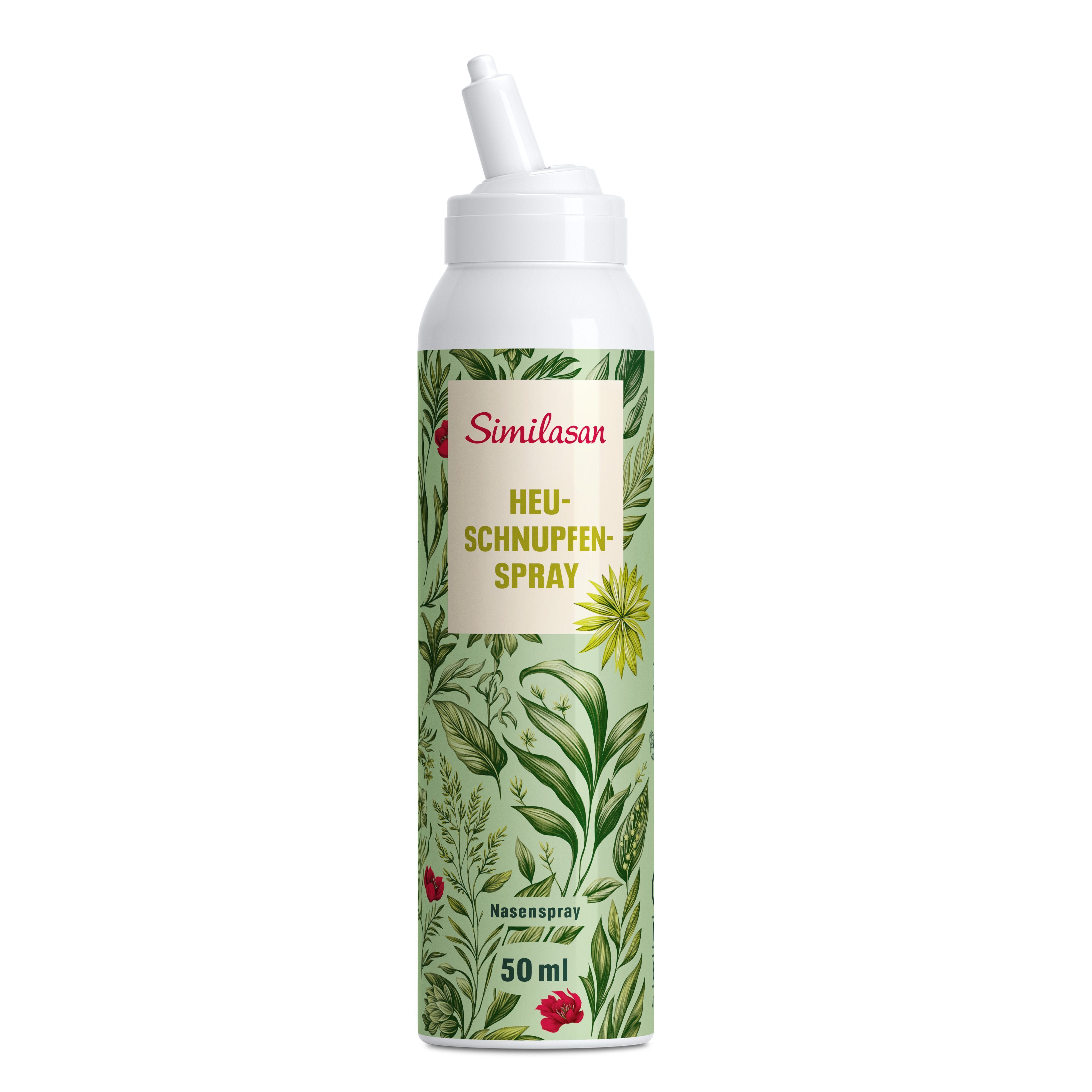 Similasan Heuschnupfen Spray. Weiße Flasche mit Sprühkopf. Grün-weißes Design mit floralen Elementen. Text: 50 ml.