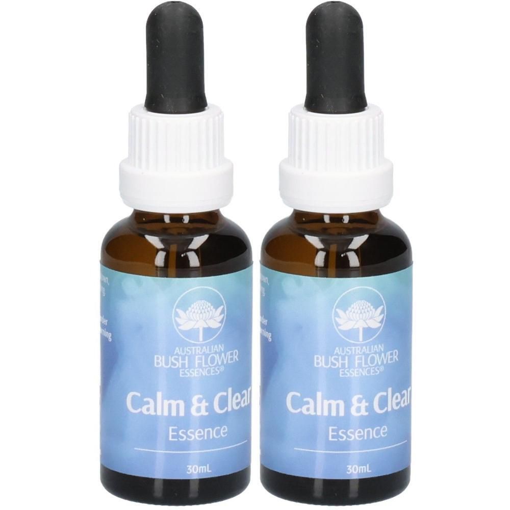 Zwei braune Glasflaschen mit Pipetten. Auf den Etiketten steht "Calm & Clear Essence" und "Australische Buschblüten Essenzen".