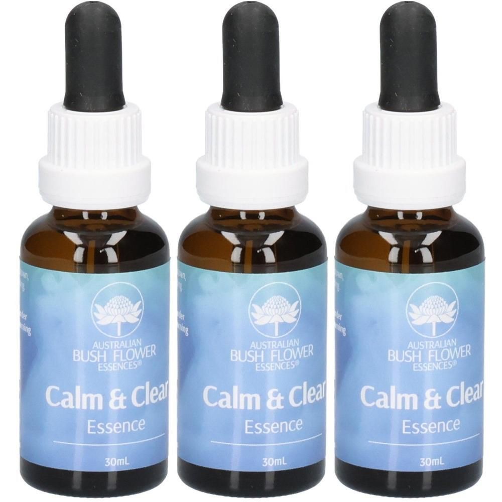 Drei braune Glasflaschen mit Tropfern. Auf den Etiketten steht "Calm & Clear Essence" und "Australian Bush Flower Essences".