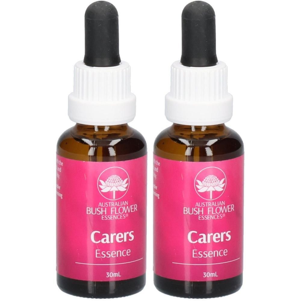 Zwei Flaschen mit braunem Glas, rosa Etikett und schwarzem Tropfer. Aufschrift: Carers Essence, 30ml.