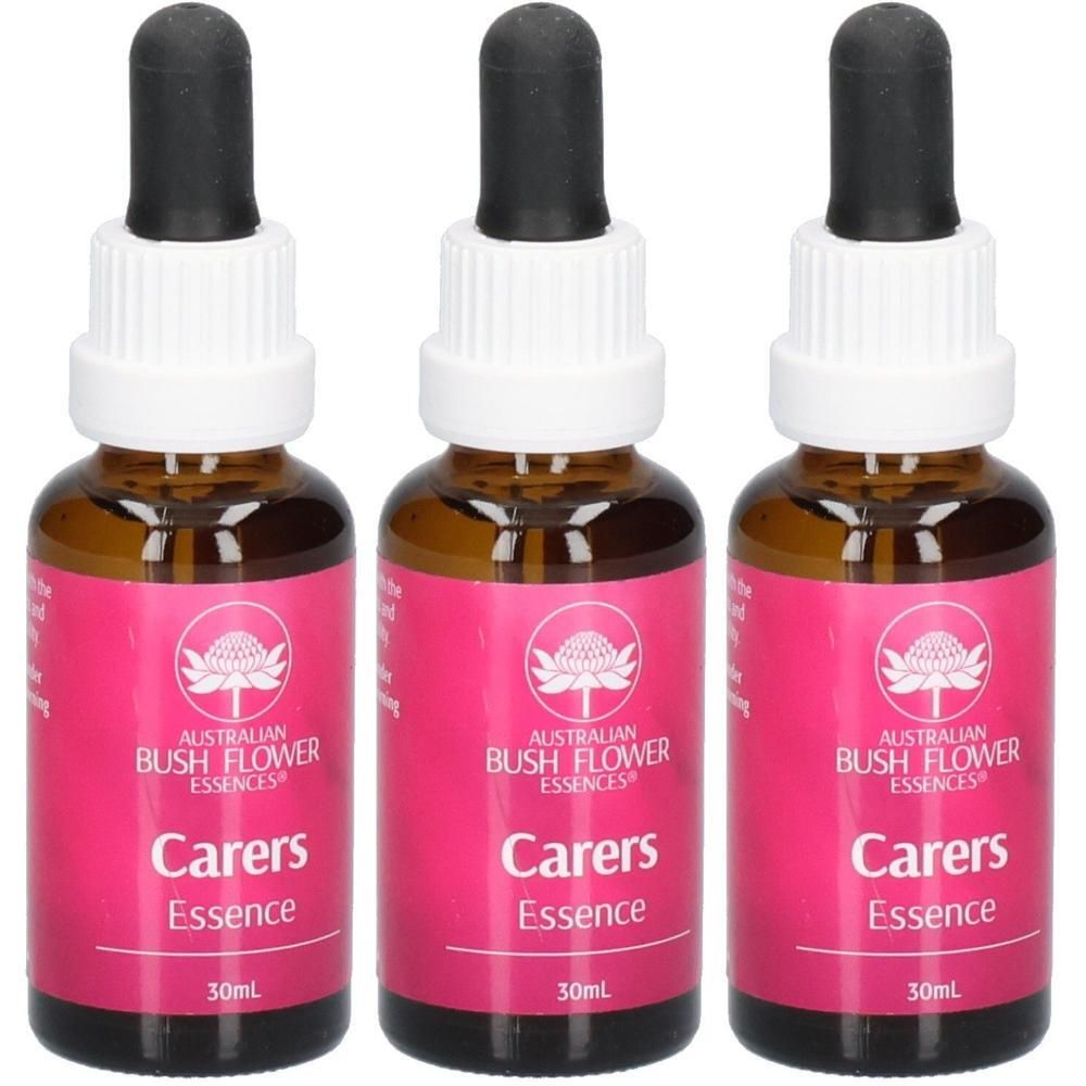 Drei Flaschen mit braunem Glas, weißen Verschlüssen und schwarzen Pipetten. Auf den Etiketten steht "Carers Essence" und "Australian Bush Flower Essences".