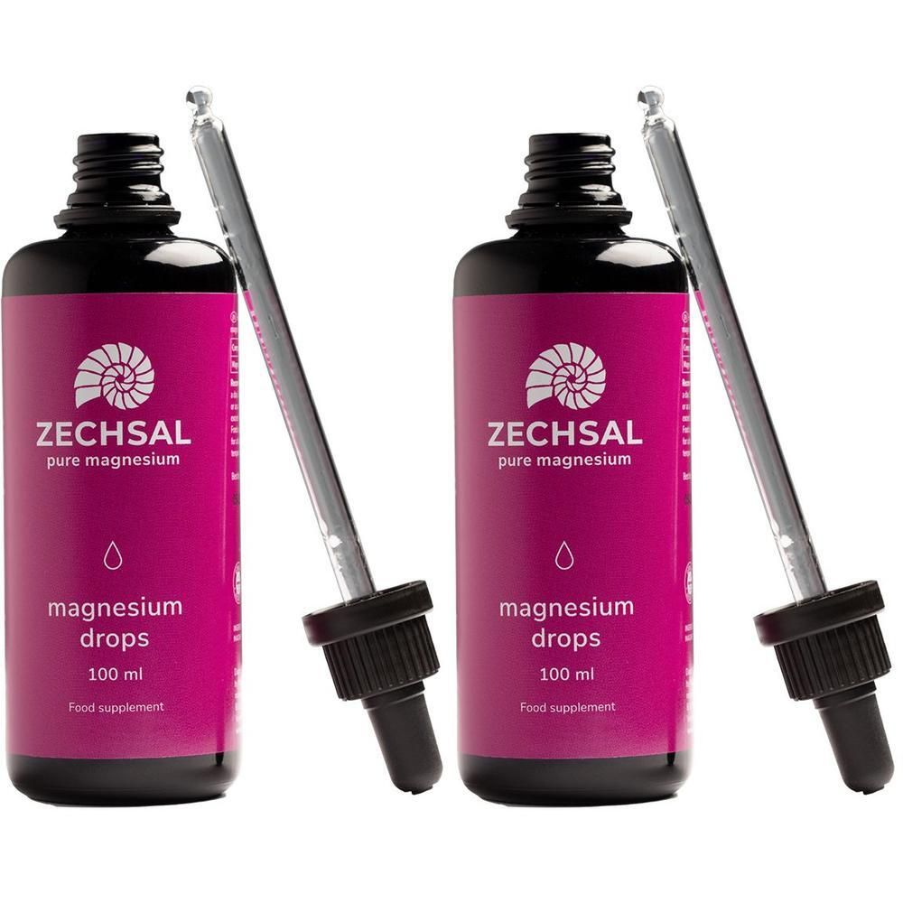 Zwei Flaschen mit pinkfarbenen Etiketten und Pipetten. Auf den Etiketten steht "ZECHSAL pure magnesium" und "magnesium drops".
