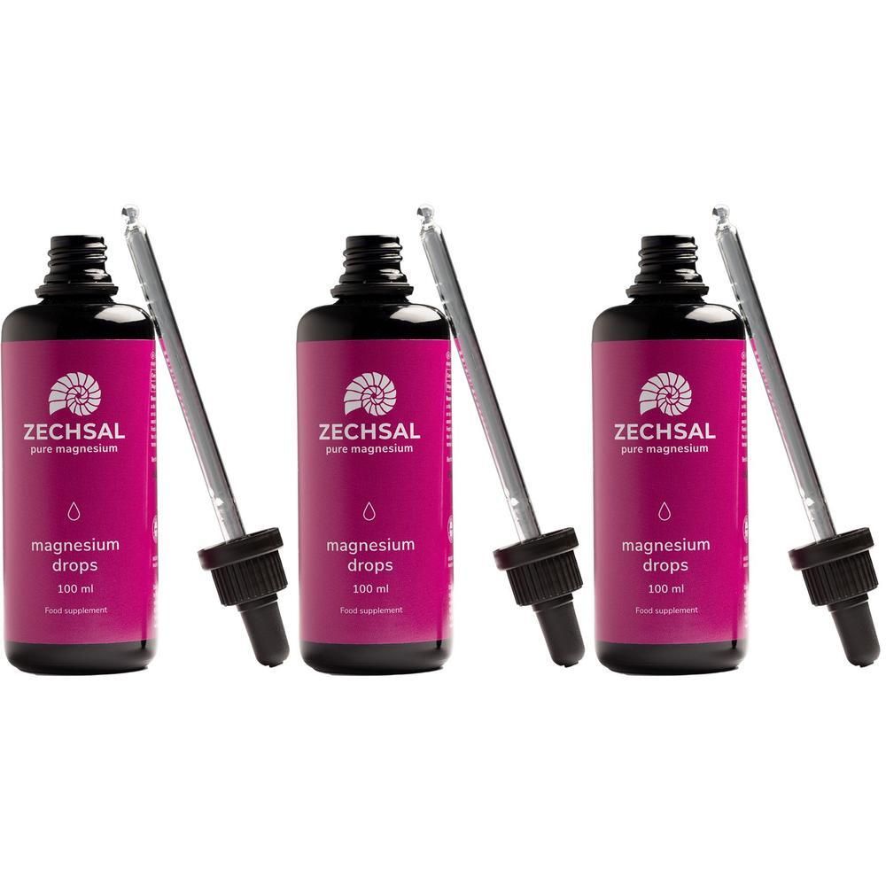 Drei Flaschen mit schwarzem Deckel und Pipette. Aufschrift: ZECHSAL, Magnesium Drops. Flaschen mit pinkfarbenem Etikett.
